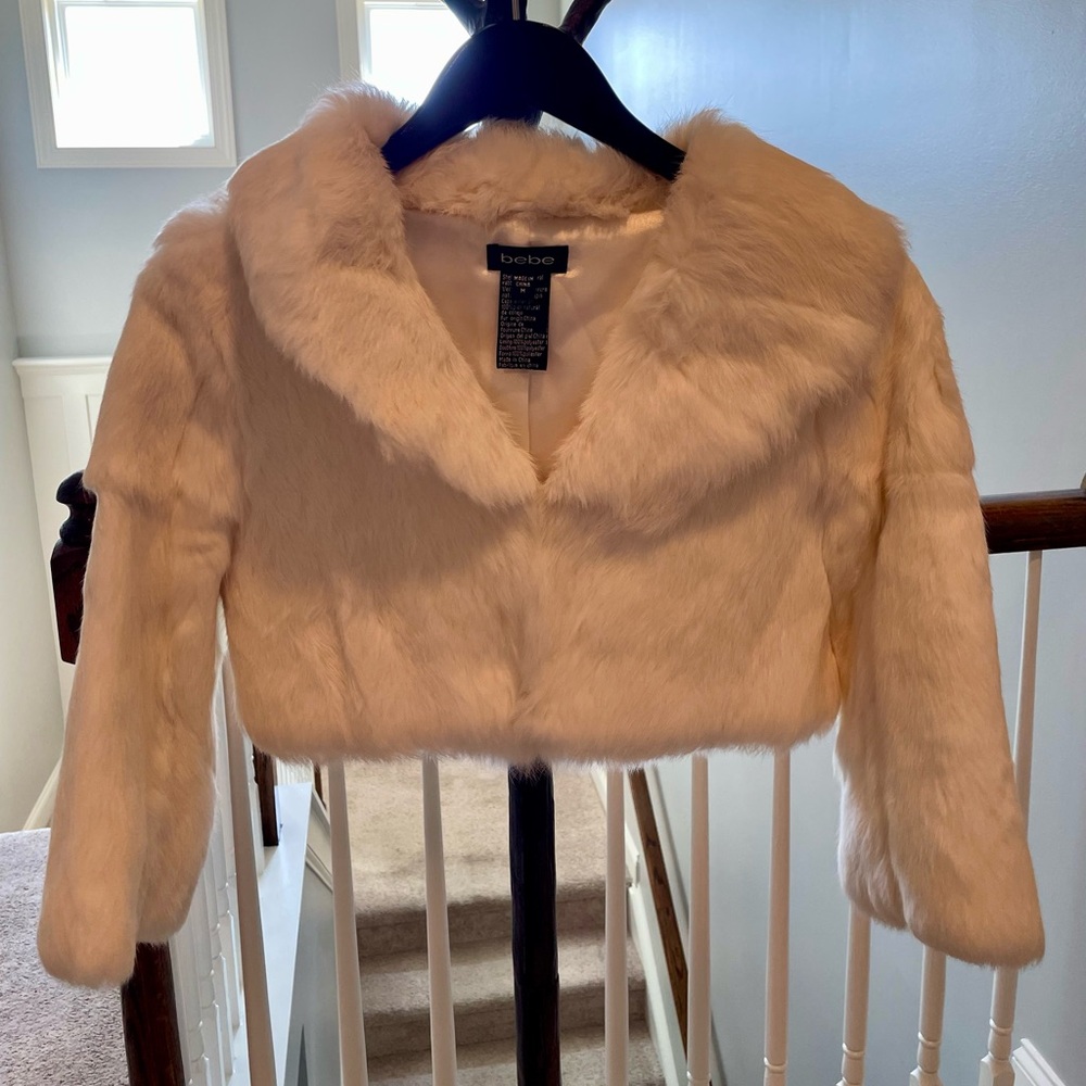 bebe White Cropped Rabbit Fur Jacket - M - Picture 2 of 4